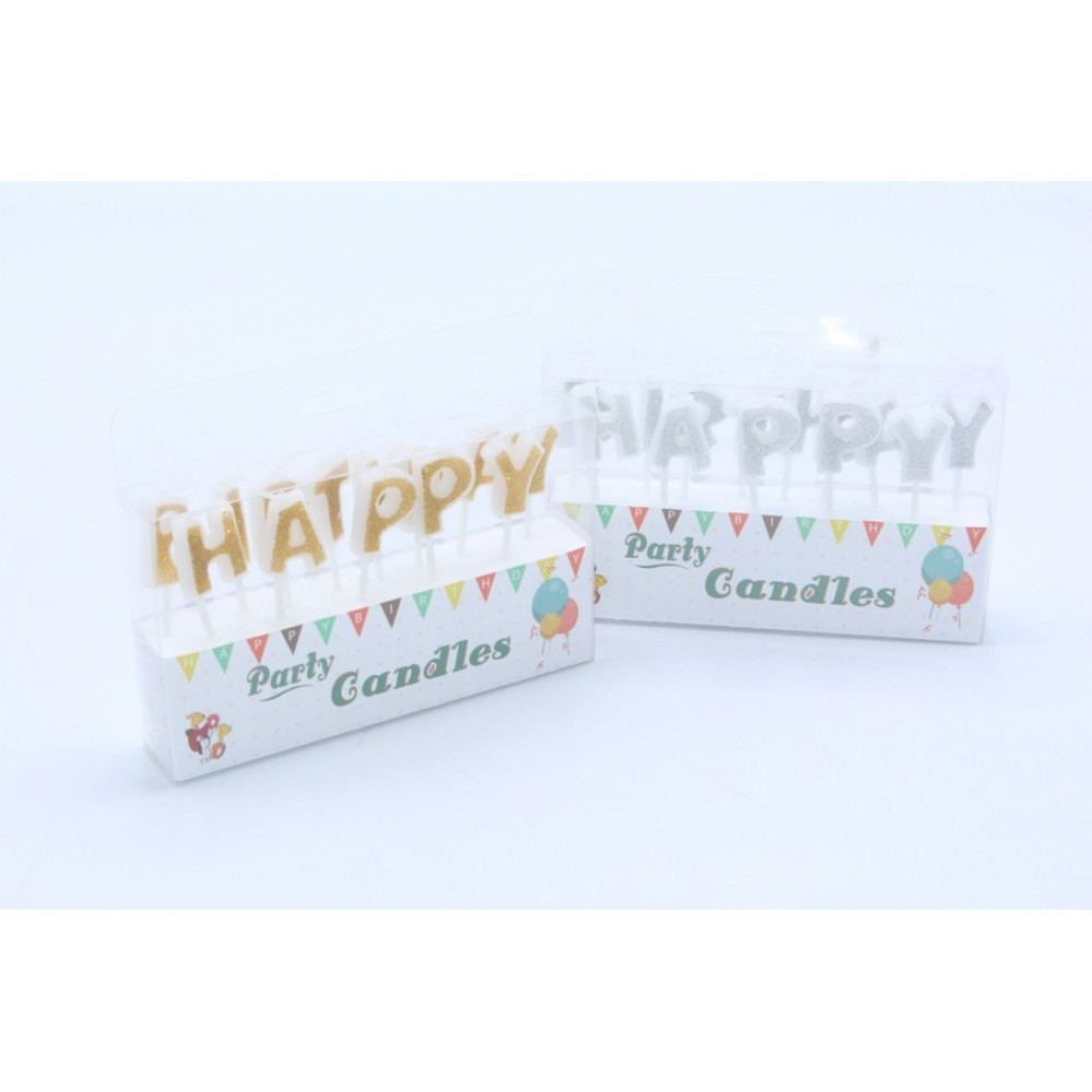 Մոմ ծննդյան Happy Birthday ոսկեփայլ և արծաթափայլ տառերով
