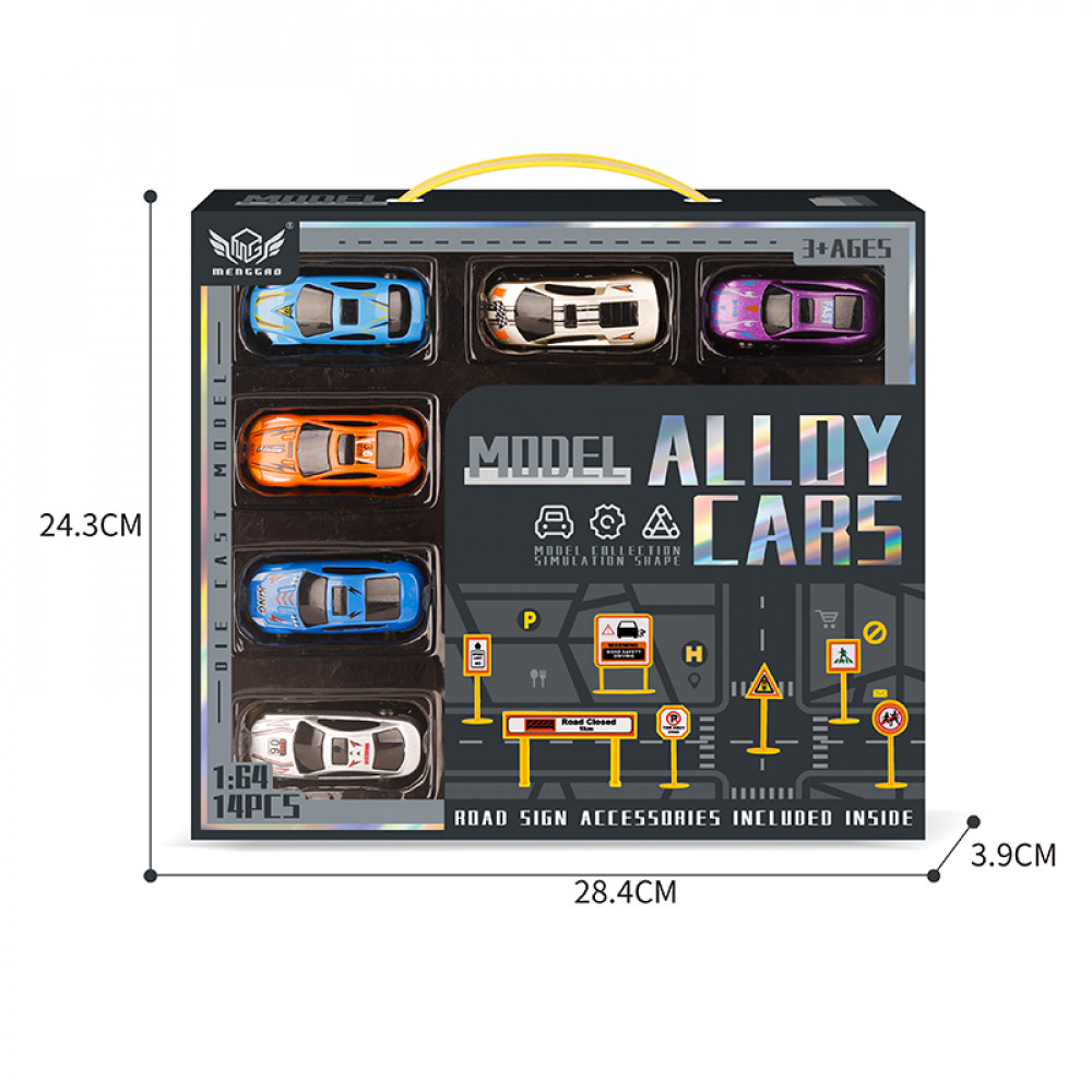 Մետաղե մրցարշավային մեքենաների 1:64 մաշտաբի 6հ-ոց հավաքածու իր 14+ ճանապարհային նշաններով