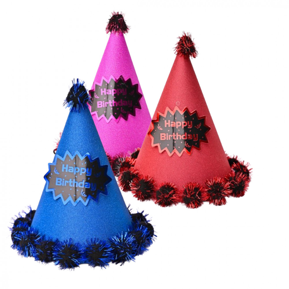 Ծննդյան թղթե գլխարկներ 12հ-ոց տուփով 24սմ-ոց, գնդե փմփուլներով 6-գույն