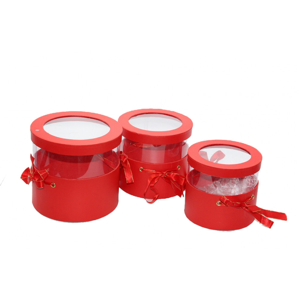 Նվերի տուփ 3հ-ոց, կլոր թափանցիկ երեսով, ժապավենի բռնակով