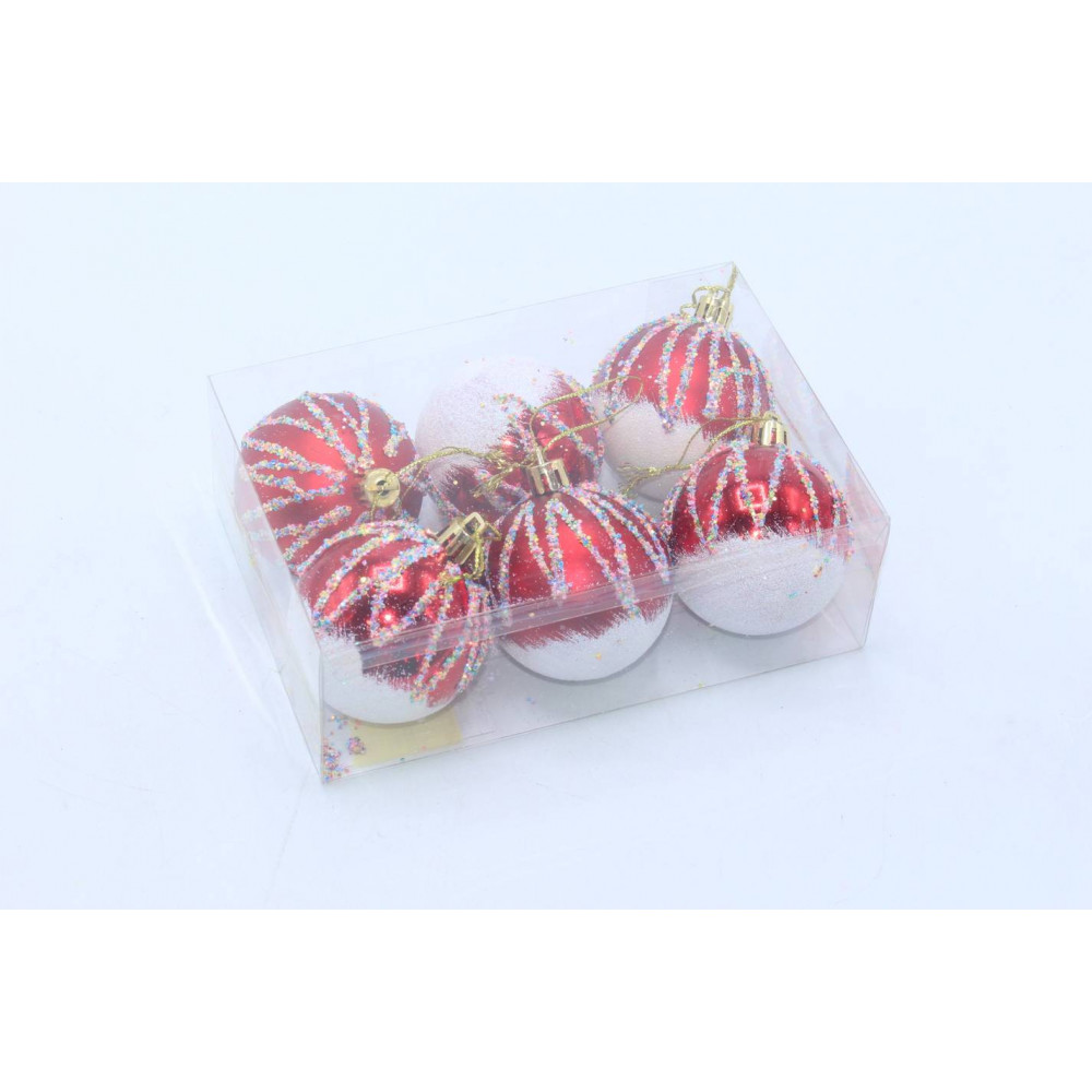 Տոնածառի խաղալիք6սմ-ոց 6հ-ոց կարմիր գույն փայլային նախշե երանգ PVC թափանցիկ տուփով LR6006-62-4