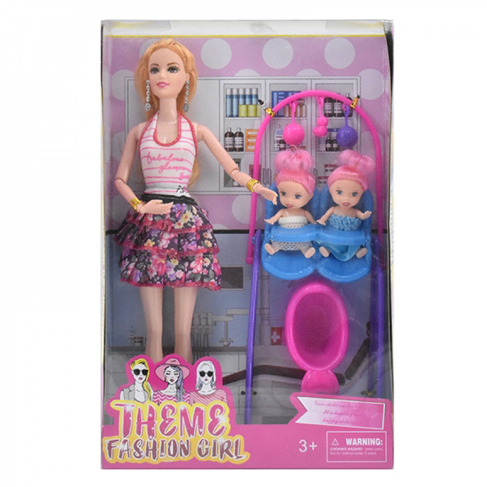 Տիկնիկ Theme Fashion Girl տուփով 28սմ-ոց հոդերը և վերջույթները ծալվող + 2մանուկ տիկնիկ, ճոճով CH6224
