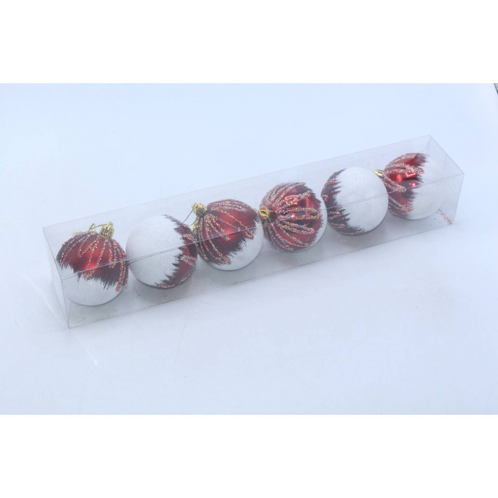 Տոնածառի խաղալիք7սմոց 6հ-ոց մուգ կարմիր գույն փայլային նախշե երանգ թափանցիկ տուփով LR7006-62-5