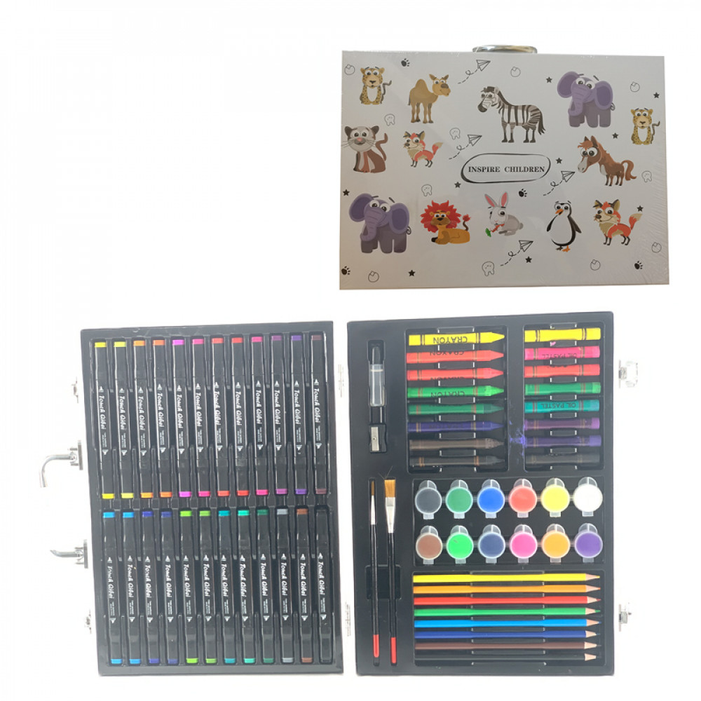 Խաղային փայտե տուփ ճամպրուկ գունաներկման հավաքածու իր մատիտ մարկեռներով 84-կտոր