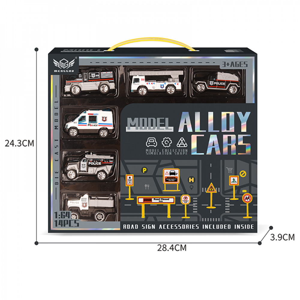 Մետաղե ոստիկանական մեքենաների 1:64 մաշտաբի 6հ-ոց հավաքածու իր 14+ ճանապարհային նշաններով