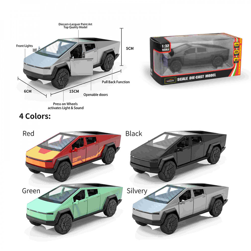 Մեքենա մետաղե մոդել Tesla Cybertruck 1:32 մաշտաբի 4-գույն, տուփով
