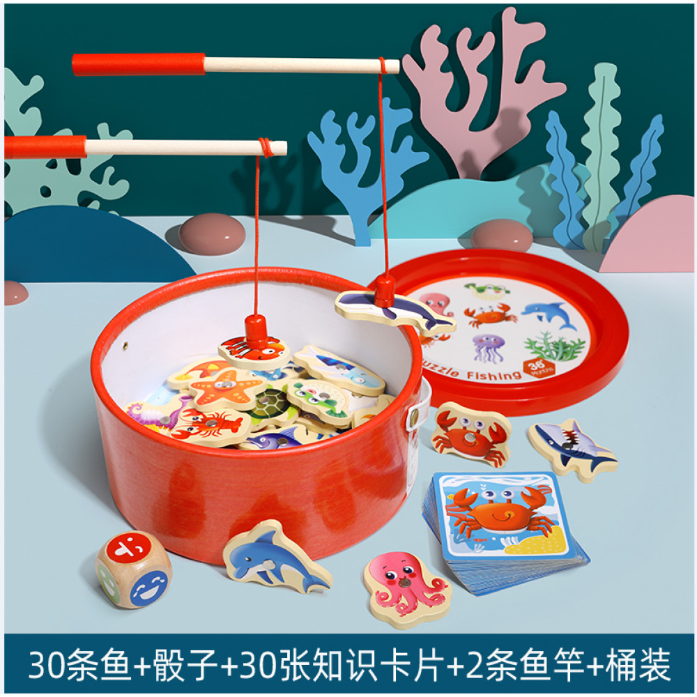 Խաղալիք փայտե ձկնորսություն մագնիտե և թղթե խաղակարթեր, դույլով