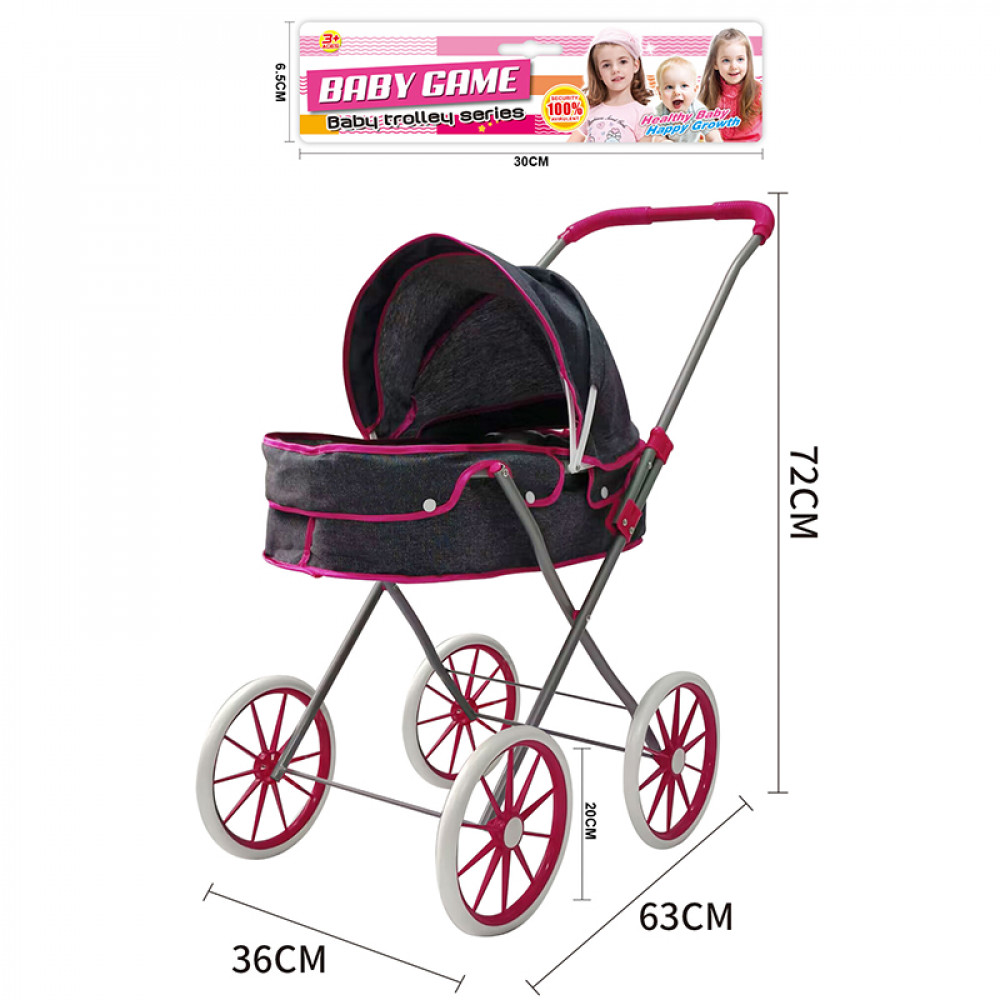 Խաղալիք մետաղե սայլակ տիկնիկի սև+ վարդագույն ամուր կտորե գործվածքից մեծ անիվով 36*63*72սմ