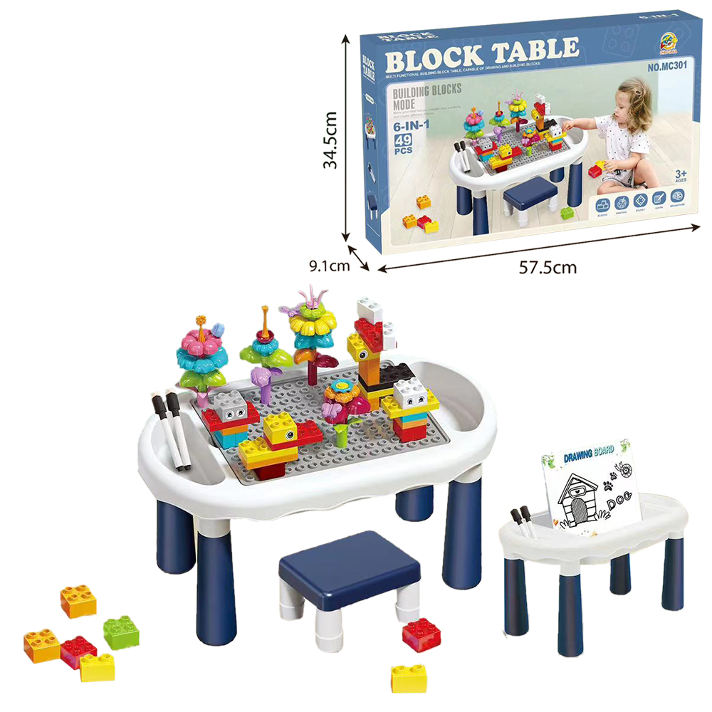 Խաղ մանկական սեղան իր աթոռով և կառուցողական խորանարդիկներով 49-կտոր, փոփոխվող խաղադաշտ