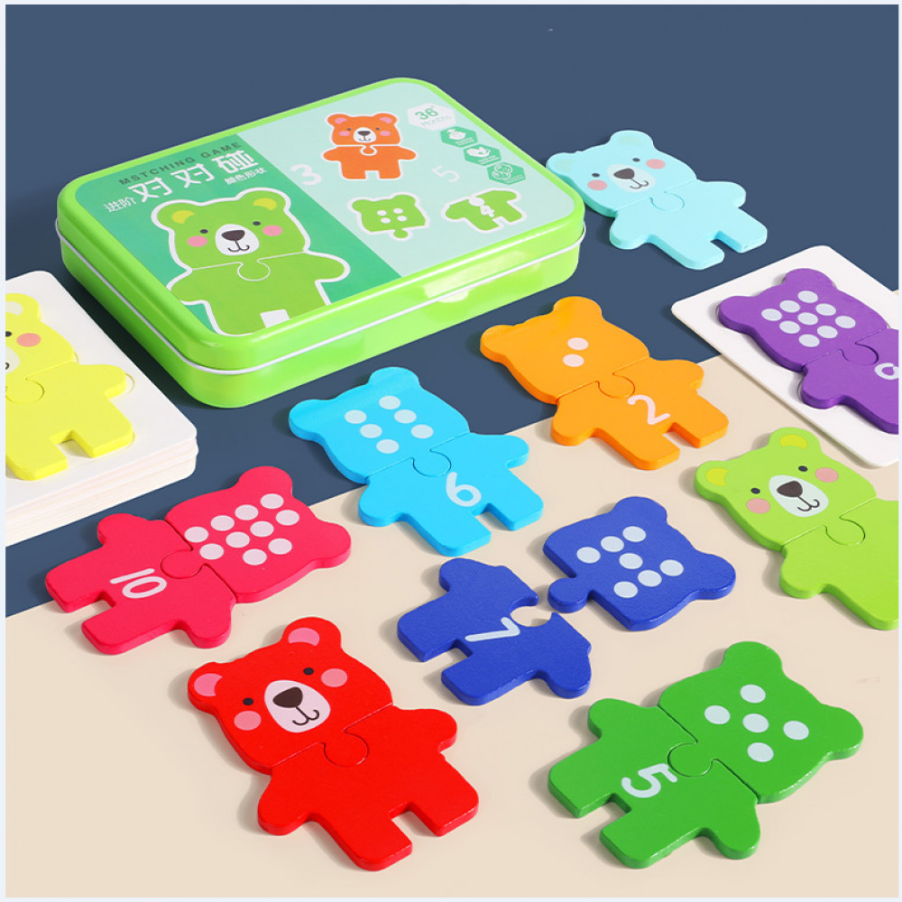 Խաղալիք փայտե փազլ իր ուսուցողական խաղակարթերով, մետաղե տուփով