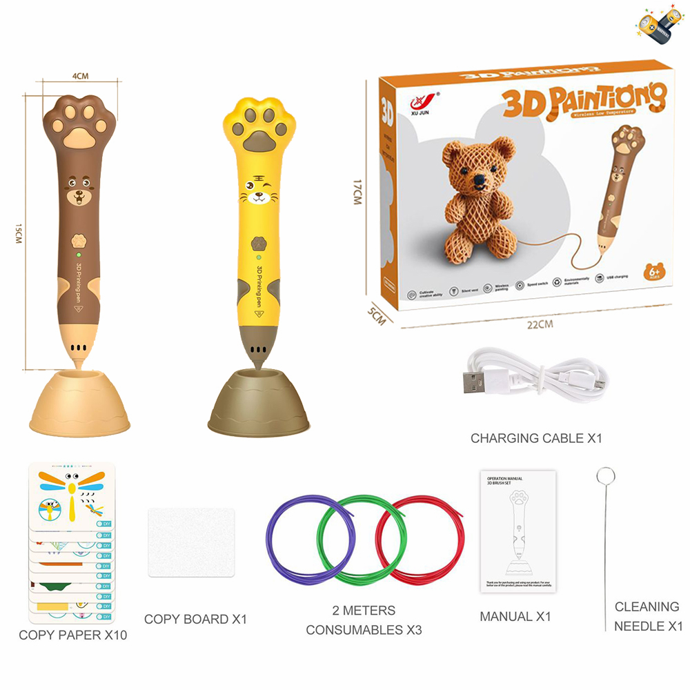 Խաղ 3D նկարչական արջուկ գրիչ իր թել պլաստիկով և մարտկոցով USB լիցքավորիչով